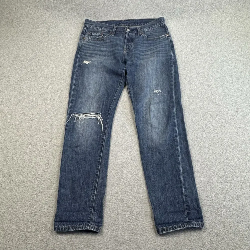 Levis 501T Tapered Stretch Denim Mens 32x29 Button Fly Denim Red Tab Distressed‎